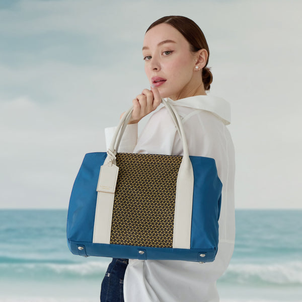 フミコダ☆ハンドバッグ☆ミーガン☆ブルー×ホワイト☆ファスナー付き